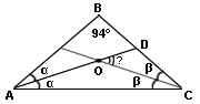 Угол при вершине равнобедренного треугольника равен 94 градуса. Найдите острый угол, образованный биссектрисами углов при основании треугольника.