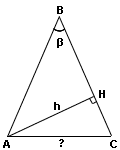 Угол при вершине равнобедренного треугольника β (бета), а высота, проведенная к боковой стороне, равна h. Найдите основание треугольника.